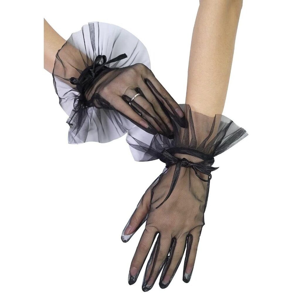 Women's Short Black Tulle Bow knot Gloves Party Cosplay Costume Accessories